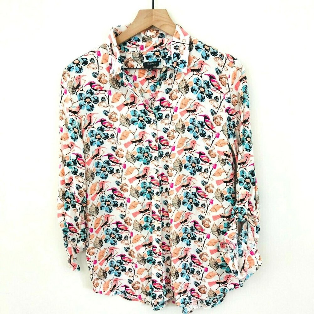 Talbots Floral Bird Button Up Shirt